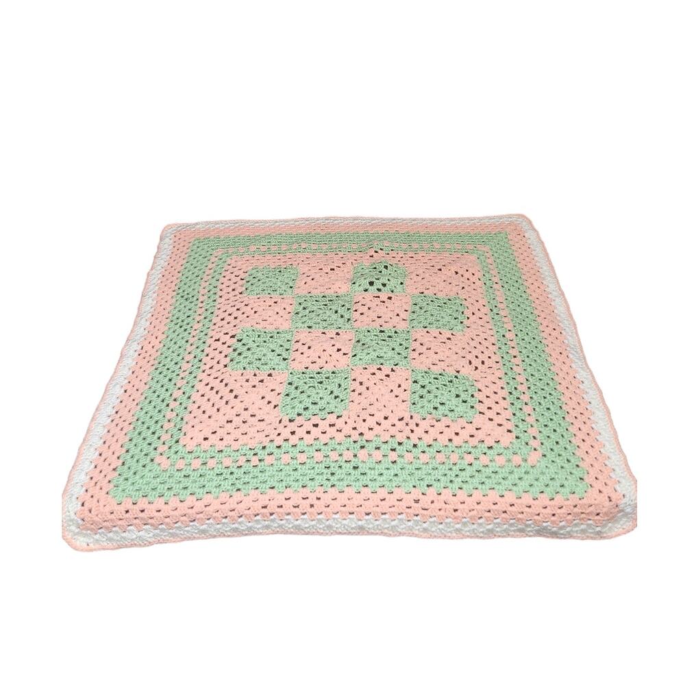 Handmade Crochet Knit Throw Baby Blanket Lap Blanket Green & Peach & White